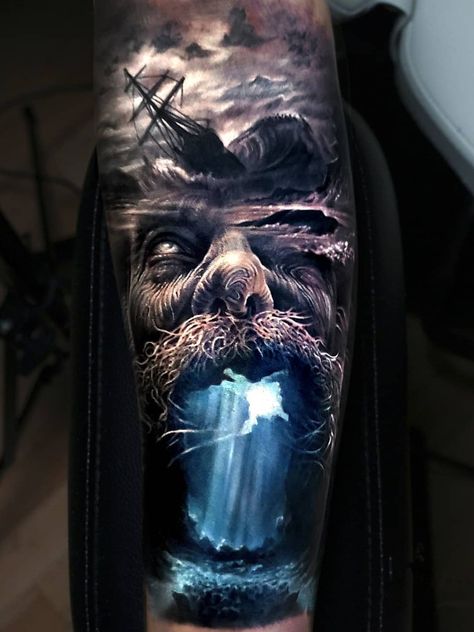 Arlo Tattoo, Kurt Tattoo, Underwater Tattoo, Tato 3d, Poseidon Tattoo, Pirate Tattoo, Nautical Tattoo, Inspiration Tattoos, Mythology Tattoos