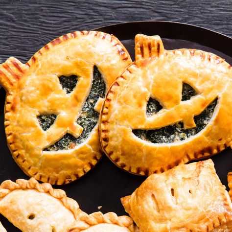 Food Names Ideas, Halloween Food Names, Halloween Ladies Night, Halloween Candy Recipes, Pumpkin Shaped Cookies, Halloween Dinner Ideas, Halloween Potluck, Mini Pie Recipes, Hand Pie Recipes