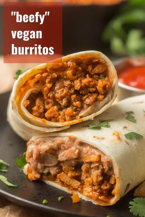 Who needs take out when you can make these scrumptious "beefy" vegan burritos at home! Stuffed with a spicy mixture of refried beans and crumbled seitan ... these babies are packed with flavor and great for meal-prep. #veganburrito #burrito #mexicanfood Vegan Refried Beans, Burrito Ingredients, Vegan Burritos, Vegan Mexican Food, Burrito Recipes, Lunch At Work, Bean Burrito, Vegan Burrito, Vegan Beef