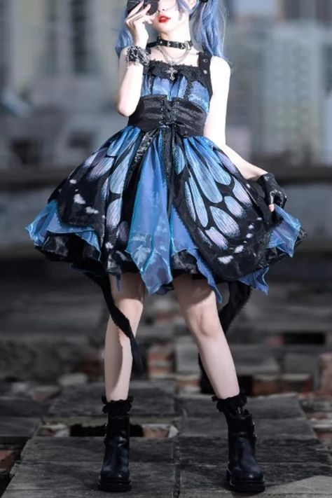 Black/Blue Butterfly Effect Sleeveless Print Bowknot Version Gothic P – LolitaInside Butterfly Clothes Design, Butterfly Outfit Ideas, Blue Goth Outfits, Butterfly Dress Design, Butterfly Style Dress, Black Blue Butterfly, Blue Butterfly Dress, Moth Dress, Butterfly Wing Dress