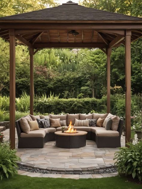 Gazebo And Fire Pit Ideas, Covered Fire Pit Area Gazebo, Fire Pit With Pergola, Covered Fire Pit Area, Modern Gazebo Ideas, Covered Fire Pit, Landscape Ideas Front Yard Curb Appeal, Gazebo With Fire Pit, Modern Gazebo