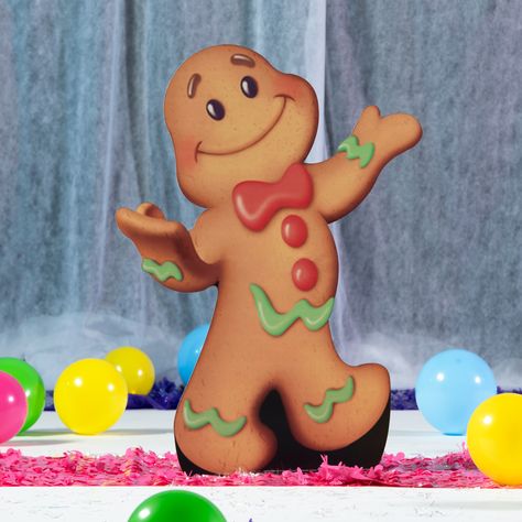 Our Candy Land Gingerbread Man Standee features a happy looking cookie man with a red icing bowtie and buttons. Each Gingerbread Man Standee measures 3' 10" high x 2' 10" wide and is printed on one side of cardboard. The Candy Land Gingerbread Man Standee can greet your guests at your Candy Land themed party! Easy assembly. Candy Land is a trademark of Hasbro and is used with permission. Copyright 2012 Hasbro. All Rights Reserved. Large Party Props, Cardboard Standee, Red Icing, Cardboard Props, Candy Props, Happy Birthday Yard Signs, Candy Themed Party, Birthday Yard Signs, Man Cookies