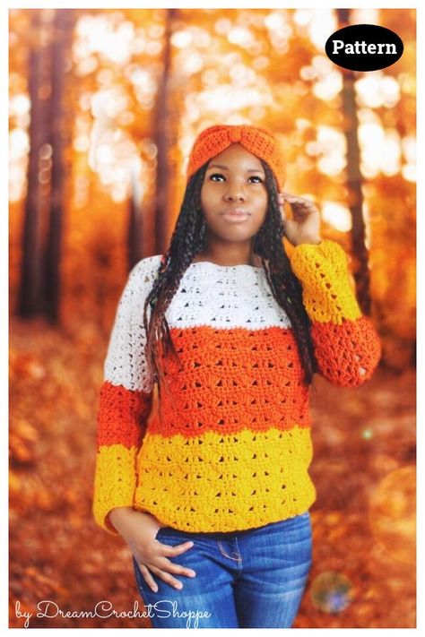 Candy Corn Sweater Crochet Pattern Halloween Sweater Crochet Pattern, Candy Corn Outfit, Halloween Crochet Sweater, Crochet Halloween Sweater, Sweater Crochet Patterns, Joy Costume, Candy Corn Costume, Frog Cake, Crochet Costumes