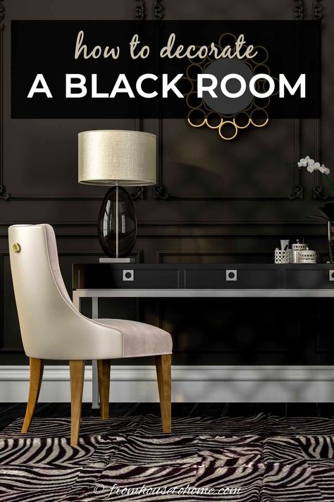 Black Walls Decor, Black Wallpaper Livingroom, Black Wall Aesthetic Living Room, Art For Black Walls, Black Walls Home Office, Black Walls Office Ideas, Decor For Black Walls, Curtains For Black Walls, Black Walls White Furniture