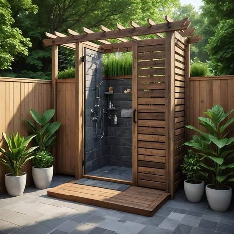 Outside Bathroom Ideas Backyards, Outdoor Shower Ideas, Outside Showers, Outdoor Shower Enclosure, Outdoor Shower Diy, Outdoor Bathroom Design, Outdoor Toilet, Outdoor Baths, Outdoor Showers