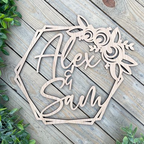 "This laser cut wood last name sign is perfect for your engagement, wedding event or home decor!   Hexagon Wreath Family Sign, Lasercut Wood Signs, Personalized Gift, Wreath Plaque, Home Decor Signs, Gallery Wall Decor, Family Signs  Pictured sign is *Unfinished DIY*. This laser cut wood sign consists of 1 piece.    Sign is 1/4\" birch plywood.    Hanging material is not included. We use 3M Command Strips to hang our cutouts. Other options are mounting tape, or have it placed on small nails on t Unique Gifts For Couples, Bridal Shower Gifts For Bride, Gift Boyfriend, Gallery Wall Decor, Wedding Name, Gift Girlfriend, Command Strips, Couple Gift, Home Decor Signs