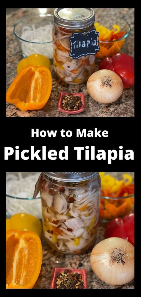 Jars of pickled tilapia surrounded by its ingredients: white onion, pickling spice, and different colored bell peppers. Pickled Seafood Recipe, Pickled Seafood, Instant Pot Canning, Pickled Fish Recipe, Pickled Things, Pickled Meat, Tripe Recipes, Pickled Fish, Pickled Herring