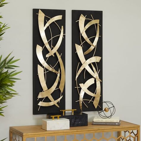 Contemporary Wood and Metal 3D Sculptural Wall Decor (Set of 2) - On Sale - Bed Bath & Beyond - 35431029 Black White And Gold Bathroom, Oversized Floor Vases, White And Gold Bathroom Decor, Dimensional Wall Decor, Dimensional Wall, Sleek Aesthetic, Gold Wall Art, Abstract Wall Decor, Contemporary Wall Decor