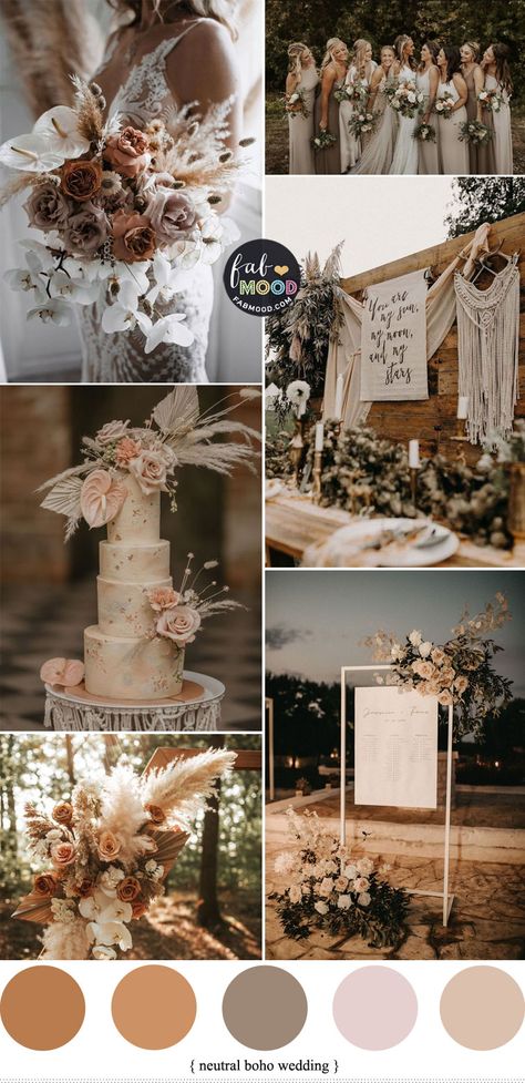 Grey And Brown Wedding Theme, Taupe Theme Wedding, Neutral Pallet Wedding, Ivory Color Palette Wedding, Boho Wedding Colour Scheme, Brown Tone Wedding Theme, Boho Wedding Spring Colors, Plum Boho Wedding, Copper And Beige Wedding