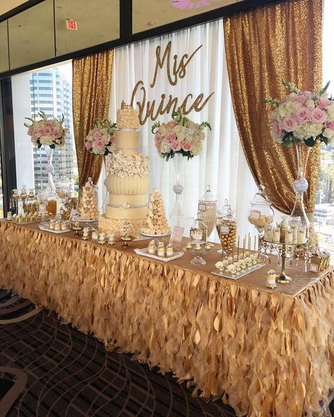 A side view of our 12’ table decor | #desserttable @racheljspecialevents | #cake @armen_roobinascake | #desserts @chocolate_favors_pops… Quince Decor, Quince Cake, Quinceanera Planning, Quince Decorations, Quinceanera Decorations, Cake Table Decorations, Quinceanera Themes, Quinceanera Party, Candy Table