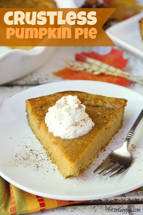 Crustless Pumpkin Pie - Tastes like classic, delicious pumpkin pie, just without the fatty pastry crust! Punkin Pie Recipe, Impossible Pumpkin Pie, Crustless Pumpkin Pie Recipe, Delicious Thanksgiving Desserts, Healthy Pumpkin Pie Recipe, Low Calorie Pumpkin, Weight Watchers Pumpkin, Low Carb Pumpkin Pie, Weight Watcher Desserts