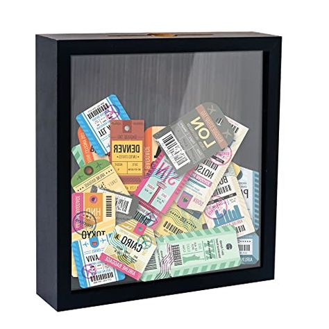 FramePro Small Shadow Box Black 8x8 Top Loading Display Case Frame with Slot, Movie Travel Sporting Events Concert Ticket Stubs Drink Beer Caps Memory Keepsake Box Ticket Shadow Box, Adventure Fund, Shadow Box, Beer, Design