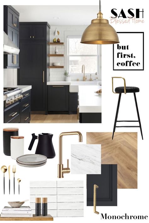 Kitchen Mood Board Black Cabinets, Mood Board For Kitchen Interior, Moody Scandinavian Kitchen, Touch Up Kitchen Cabinets, Black And White Kitchen Mood Board, Black Kitchen Mood Board, Kitchen Remodel Vision Board, Black White And Neutral Kitchen, Mood Boards For Kitchens