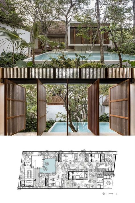 Situated in Tulum, this small boutique hotel rises between the trees, in which the main concept consisted of preserving 70% of the existing vegetation in order to build around it. By achieving this, every space of the project is always in relation to its natural surroundings. Boutique Hotel Design Architecture, Small Boutique Hotel, Hotel Design Architecture, Boutique Hotels Design, Indoor Outdoor Bathroom, Small Boutique Hotels, Tulum Hotels, Hotel Plan, Best Boutique Hotels