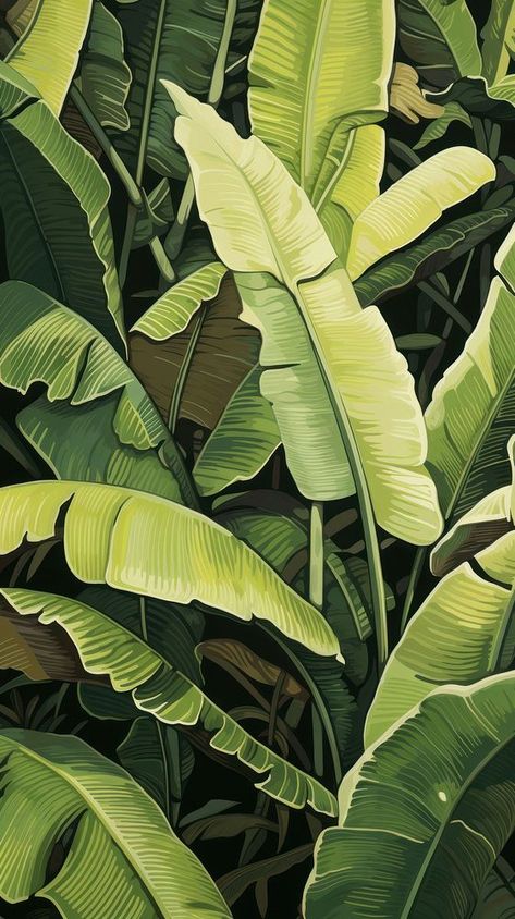 Wood block print illustration of Banana leaf outdoors nature banana. | premium image by rawpixel.com Banana Plant Wallpaper, Plants Illustration Wallpaper, Tropical Plants Painting, Leaf Iphone Wallpaper, Banana Leaf Illustration, Banana Leaf Background, Banana Decor, Leaf Reference, Hotel Mural