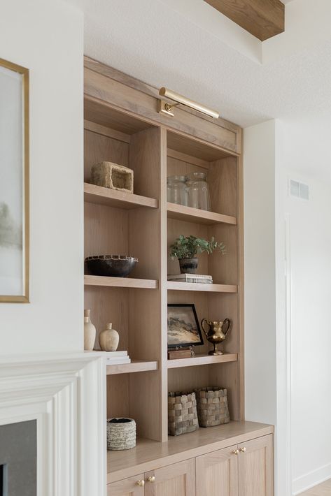 Built In Sconces, White Birch Built Ins, Mcgee Built In, Creative Built Ins, One Sided Built Ins, White Oak Bookshelves, Family Room Cabinets Ideas, White Oak Cabinets Living Room, Birch Interior Design