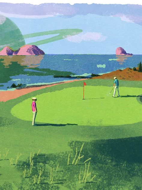 Illustration by Tatsuro Kiuchi Golf Course Illustration, Golf Animation, Golf Graphic Design, Golf Paintings, Tatsuro Kiuchi, Golf Illustration, Golf Painting, Exclusive Club, Golf Poster