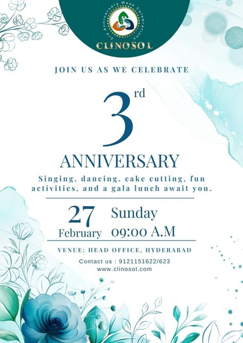 It is with pure joy that I, CEO of ClinoSol Research Pvt Ltd.., would like to invite all of our students alumni to the celebration of the 3rd Anniversary party on 27th February, 2022 at 09:00 AMIt is with pure joy that I, CEO of ClinoSol Research Pvt Ltd.., would like to invite all of our students alumni to the celebration of the 3rd Anniversary party on 27th February, 2022 at 09:00 AM Anniversary Invitation, 3rd Anniversary, Anniversary Invitations, Pure Joy, Birthday Invite, Anniversary Party, Anniversary Parties, Fun Activities, Birthday Invitations