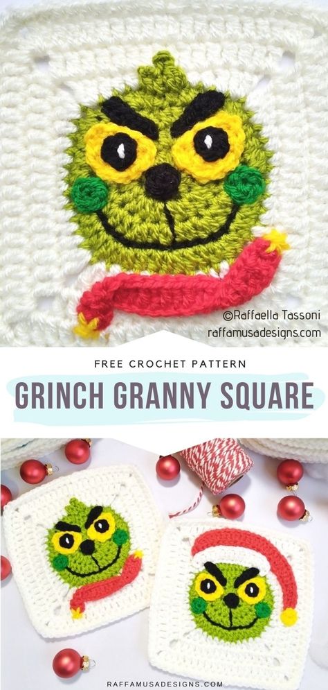 Grinch Granny Square Free Crochet Pattern Raffaella Tassoni is back with one more wonderful crochet square for Christmas! Aren't you so excited? #crochetsquare #crochetgrinch #freecrochetpattern #christmascrochet Fall Christmas Aesthetic, Crochet Grinch, Holiday Crochet Patterns, Bobble Stitch Crochet, Crochet Knit Top, Granny Square Crochet Patterns Free, Crochet Xmas, Aesthetic Crochet, Crochet Quilt