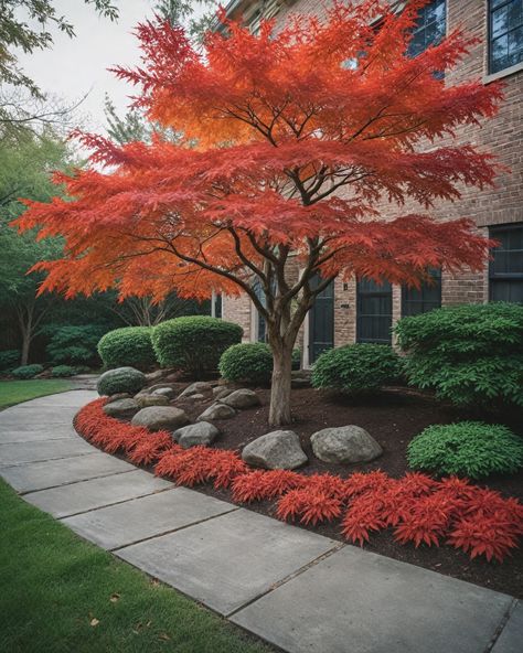 Got a small front yard? Structured Landscaping Front Yards, Japanese Inspired Front Yard Landscaping, Front Yard Landscaping With Japanese Maple, Small Japanese Maple Tree Landscape, Simple Front House Landscaping, Small Japanese Garden Ideas Front Yards, Central Oregon Landscaping, Japanese Maple Front Yard, Base Of Tree Landscaping