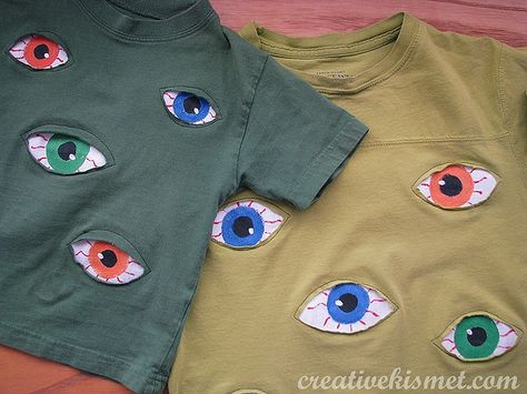 Eyeball tshirt by Regina (creative kismet) - great shirt to wear around Halloween time! Reverse Applique Shirt, Tshirt Fabric Ideas, Creative T Shirt, T Shirt Applique Diy, Tshirt Applique Ideas Diy, T Shirt Tutorial, Sewing Top, Shirt Tutorial, Trendy Sewing Projects