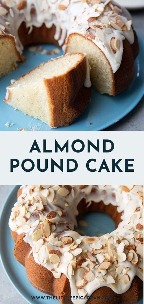 Moist almond pound cake made with almond flour. This flavorful, lightly sweet pound cake is topped with creamy almond glaze and generously garnished with toasted sliced almonds. Perfect for any occasion or as a sweet treat to enjoy! Almond Desert, Almond Pound Cake Recipe, Almond Sweets, Cake Glaze, Almond Pound Cake, Pound Cake Glaze, Almond Desserts, Almond Pound Cakes, Dessert Parfait