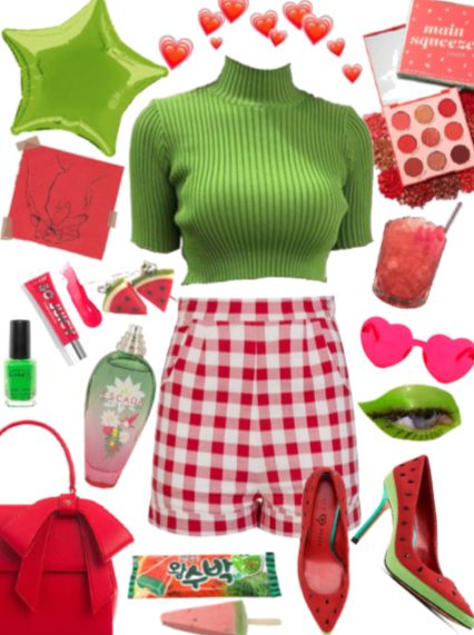 Watermelon Outfit Aesthetic, Watermelon Inspired Outfit, Fruitcore Outfits, Lovecore Outfit Aesthetic, Fruit Themed Outfits, Fruit Inspired Outfit, Lovecore Aesthetic Outfit, Fruit Outfits, Juicy Outfit