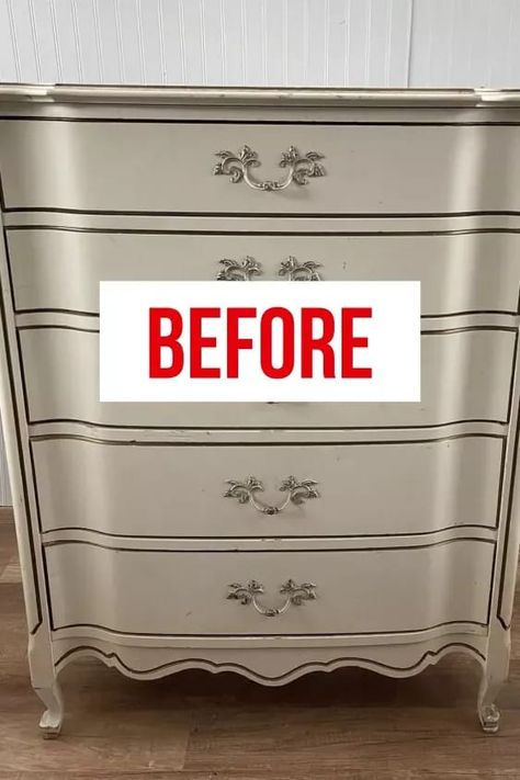 Check out this creative dresser upcycle idea. Painted dresser furniture flip to decorate bedroom on a budget. #dresser #makeover #upcyle Painting Old Dressers Ideas, Upcycled Furniture Dressers, Upcycled Dressers Ideas, Redoing Dressers Ideas, Repurposed Dresser Ideas, White Dresser Makeover, Old Dresser Makeover, Dresser Alternative, Provincial Dresser Makeover