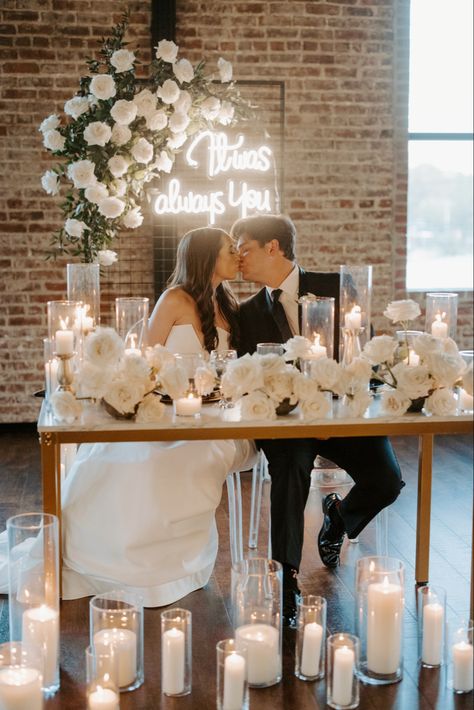 Champagne Head Table Wedding, Sweetheart Table Wedding Flower Wall, Reception Bride And Groom Table, Neon Sign At Wedding Reception, Neon Sign Ideas For Wedding, Behind Head Table Wedding Reception, Indoor Sweetheart Table Wedding, Head Table With Neon Sign, Minimalist Wedding Sweetheart Table