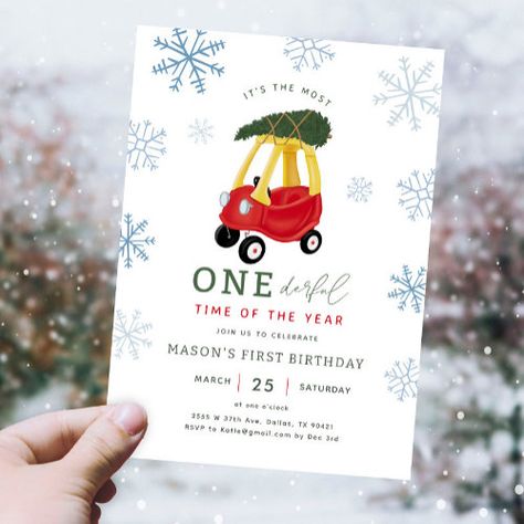 Most Onederful Time Of The Year Car 1St Birthday Invitation #zazzle #weddinginvitations #birthdayinvitations #babyshowerinvitations #zazzleinvitations #monogram #businesscards #graduation #homedecor First Birthday Boy December, December Baby Birthday, Yeti Party, Car 1st Birthday, December Birthday Parties, First Birthday Theme Boy, Winter Onederland Birthday, Boy Birthday Party Themes, One Year Birthday