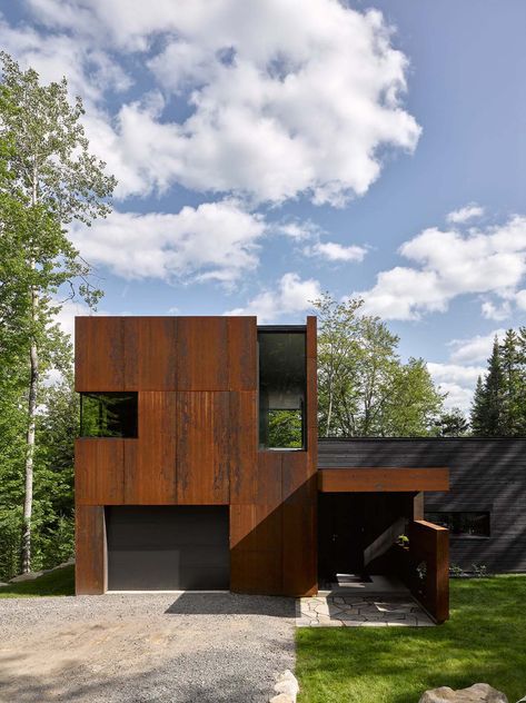 Weathered steel and blackened cedar inspires this Canadian lake house Canadian Lakes, Metal Shop Building, Funny Real Estate Quotes, Metal Building Designs, Funny Real Estate, Cottage Retreat, Metal Cladding, Weathering Steel, Wood Architecture