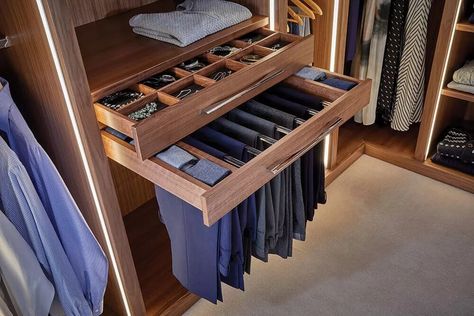 Trouser Rack In Wardrobe, Trouser Wardrobe Storage, Wardrobe Internal Accessories, Dressing Storage Design, Wardrobe Pull Out Drawers, Pull Out Trouser Rack, Trouser Organisation, Accessories Drawer In Wardrobe, Jewellery Drawer In Wardrobe