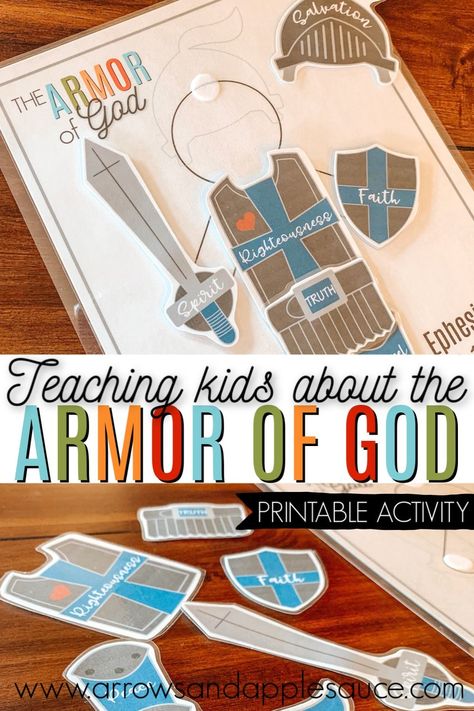 The Armor of God can be a big subject to teach little ones. This printable activity will help make it more understandable and fun! #armorofgod #christiansoldier #christiankids #kidsbiblestudy #christianhomeschool #Bibleactivities #kidsBiblegame #Bibletimewithkids #sundayschoollesson #Ephesians #swordofthespirit #Christianparenting Armor Of God Activity, Armor Of God Printable, Armor Of God Lesson, Sunday Activities, The Armor Of God, Vbs 2023, Bible Activities For Kids, Preschool Bible, Bible Study For Kids