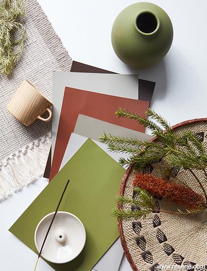 Earthy colourblock living | Colour inspiration Colour Palette Earthy, Earthy Colour Palette Earth Tones, Nature Palette Earth Tones, Earthy Material Palette, Earth Colour Palette Nature, Material Board, Earthy Color Palette, Wall Murals Painted, Botanical Pattern