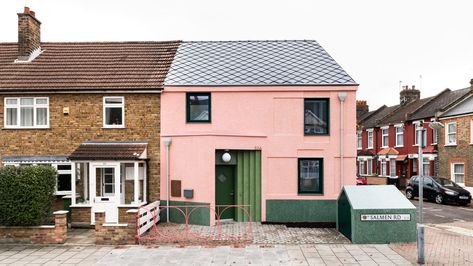 Pink-and-green house by Office S&M is an antidote to London's bland rental market Pebbledash House, Painted Pebbledash, Pink House Exterior, Green House Architecture, Green Terrazzo, Paint Your House, Timber Cladding, House Office, Pink House