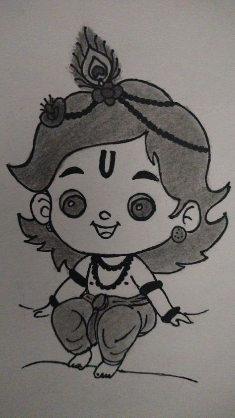 Baby Kanha Drawing, Doodle Art Krishna, Krishna Simple Drawing, Pencil Shading For Kids, Cute Krishna Drawing Easy, Small Pencil Sketches, Krishna Images Drawing, Baby Krishna Drawing, Little Krishna Sketch