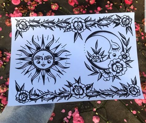 Sun And Moon Tattoo Matching Traditional, Traditional Style Sun And Moon Tattoo, Moon Tarot Card Tattoo Traditional, Sun And Moon Lower Back Tattoo, Shoulder Tattoo Neo Traditional, Celestial Traditional Tattoo, Sun And Moon American Traditional Tattoo, Spiritual Traditional Tattoo, Knee Ditch Tattoo Traditional