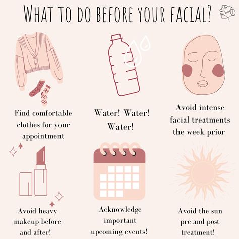 Wear comfy clothes, drink lots of water, avoid intense facial treatments before, avoid heavy makeup before and after treatment, plan for important dates, avoid the sun before and after treatments. Facial Appointment, Esthetician Ideas, Esthetician Room Supplies, Esthetician Humor, Aesthetic Nursing, Facial Esthetician, Facial Esthetics, Esthetician Inspiration, Facial Room