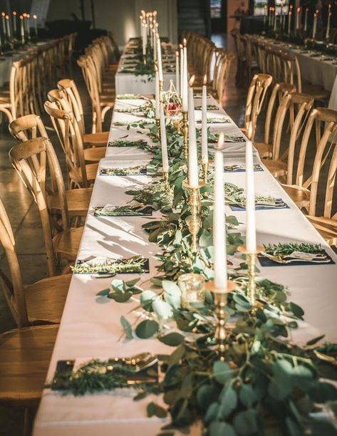 Brass Candle Sticks Wedding, Table With Candlesticks, Brass Candlesticks Wedding, Wedding Reception Greenery, Large Wedding Reception, Brass Wedding Decor, Reception Greenery, Greenery Wedding Ideas, Candlesticks Wedding