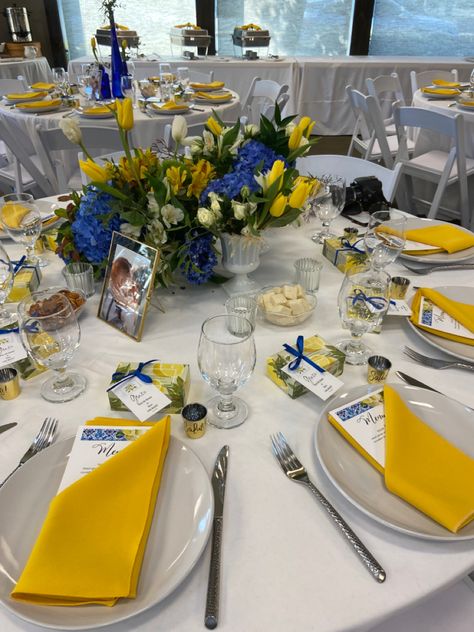 Royal Blue And Yellow Table Setting, Royal Blue And Yellow Wedding Theme Table Settings, Navy Blue And Yellow Party Decorations, Dusty Blue And Yellow Wedding Theme Table Settings, Blue Yellow Wedding Decor, Blue Yellow Table Setting, Summer Dinner Party Tablescape, Blue And Yellow Table Setting, Green And Yellow Wedding Theme