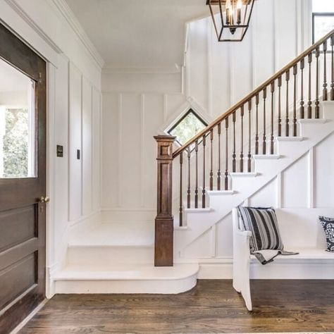 13 decorative moulding ideas that add architectural interest Board And Batten Stairwell, Staircase Remodel, Staircase Makeover, Staircase Wall, Stair Case, Wood Siding, Wall Molding, House Stairs, Board And Batten