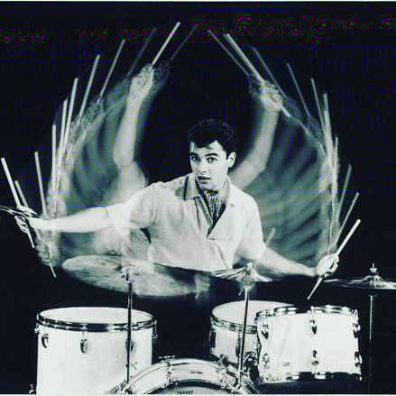 Sal Mineo, as Gene Krupa, in a publicity photo promoting the film The Gene Krupa Story.  #genekrupa  #thegenekrupastory  #rebelwithoutacause  #whokilledteddybear  #escapefromtheplanetoftheapes  #salmineo Gene Krupa, Silver Poster, Sal Mineo, Band Photoshoot, Musician Portraits, Paris 1900, Musician Photography, Live Music Photography, Motion Photography