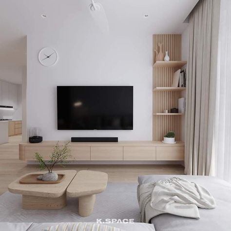 Living Room Tv Cabinet Decor, Tv Scandinavian Living Room, Japandi Feature Wall Living Room, Tiny Family Room Ideas, Muji Tv Console, Living Room Tv Wall Japandi, Tv Stand Scandinavian Style, Tv Room Minimalist, Japandi Tv Wall Design