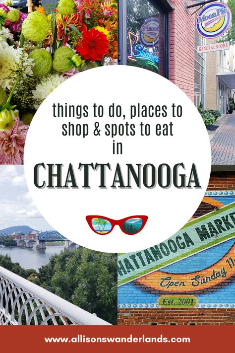 Collage of scenes from Chattanooga, Tennessee - sign from Chattanooga market, Northshore walking bridge, Moon Pie storefront and colorful flowers from the market. Shopping Chattanooga Tn, Shopping In Chattanooga Tn, Weekend In Chattanooga, Best Restaurants In Chattanooga Tn, Chattanooga Tennessee Things To Do, Chattanooga Riverwalk, Tennessee Family Vacation, Travel Tennessee, Nashville Travel Guide