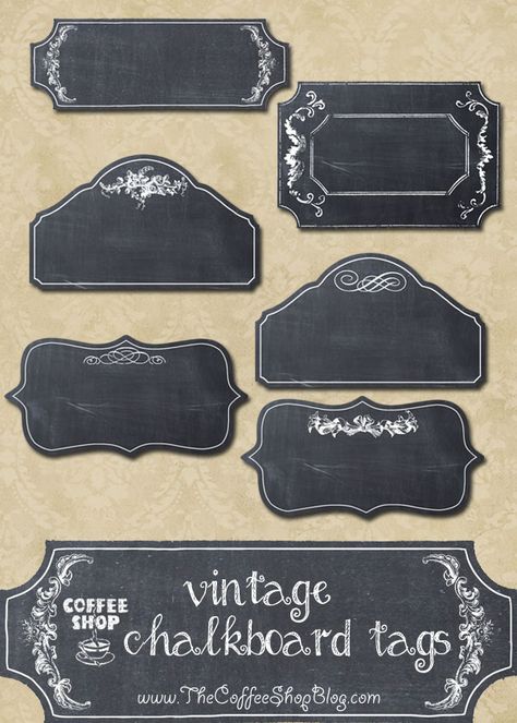 FREE Vintage Chalkboard Tags! from The CoffeeShop Blog Labels Ideas, Vintage Coffee Shops, Scrapbook Tags, Chalkboard Tags, Vintage Chalkboard, Etiquette Vintage, Silhouette Curio, Blog Designs, Labels Printables Free