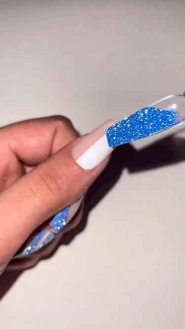 Barbie Nails Acrylic, Micro French Nails, Nails Short Stiletto, French Nails Short, Blue Glitter Nail Polish, Short Stiletto Nails, Nails December, Nails Barbie, Nail Transformation