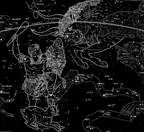 Orion confronts Taurus.  In the sky, Orion is depicted facing the snorting charge of neighbouring Taurus the Bull, yet the myth of Orion makes no reference to such a combat. However, the constellation originated with the Sumerians, who saw in it their great hero Gilgamesh fighting the Bull of Heaven. The Sumerian name for Orion was URU AN-NA, meaning light of heaven. Taurus was GUD AN-NA, bull of heaven. Orion The Hunter, Million Stars, The Hunter, Black And White, Stars, White, Black