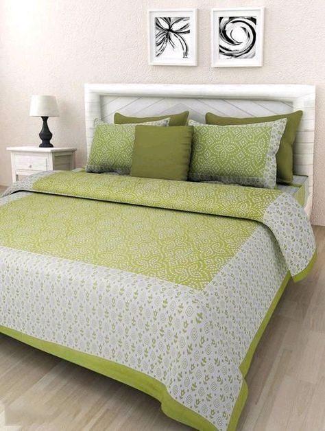 Fabric: Cotton No. Of Pillow Covers: 2 Thread Count: 160 Multipack: Pack Of 1 Sizes:  Queen (Length Size: 100 in, Width Size: 90 in, Pillow Length Size: 27 in, Pillow Width Size: 17 in)  Work: Printed 6423780 Light Green Bedding, Handmade Bed Sheets, Bedsheets Designs, Printed Bedsheets, Diy Bed Sheets, Double Bed Sheets, Bed Sheet Sizes, Handmade Bed, Cotton Bedsheets