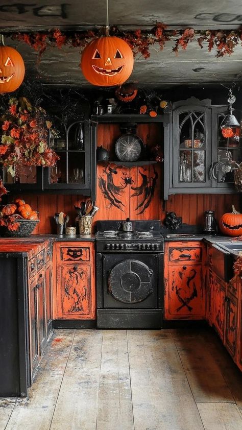 Transform your kitchen into a witch's cottage with these enchanting Halloween decor ideas. Hang bundles of dried herbs and create a display of old spellbooks on open shelving. Use cauldron-shaped planters for kitchen herbs and display broomsticks made from natural materials. Incorporate celestial elements like moon phase garlands and star-shaped string lights. Add whimsical touches with a black cat clock and witch hat-shaped canisters. These magical Halloween kitchen decor ideas create an immers Pumpkin Carving Tips, Witch's Cottage, Halloween Kitchen Decor, Magical Halloween, Brew Bar, Celestial Elements, Halloween Decor Ideas, Witch Cottage, Cat Clock