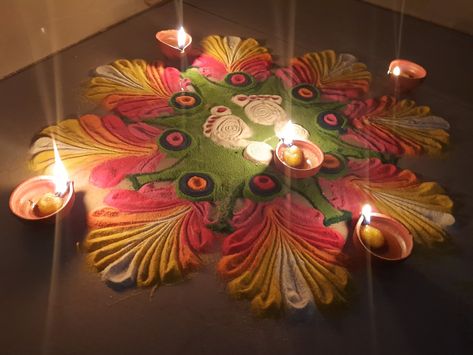 easy rangoli Laxmi Feet Rangoli, Easy Rangoli, Simple Rangoli, Diwali, Birthday Candles, Candles, Birthday, Art